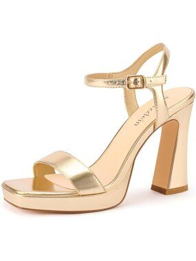 Women's Chunky High Heels with Ankle Strap Gold Square Open Toe Block Heel Shoes